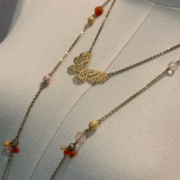 Soo Y2K Gold-tone Butterly / Beads Layered Necklace, Plunge - Picture 1 of 5